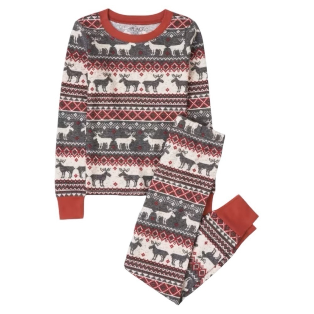 Unisex Kids Fairisle Thermal Cotton Pajama Set Reindeer Red Cream Grey Youth 10